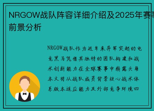 NRGOW战队阵容详细介绍及2025年赛事前景分析