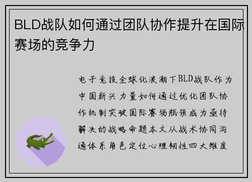 BLD战队如何通过团队协作提升在国际赛场的竞争力